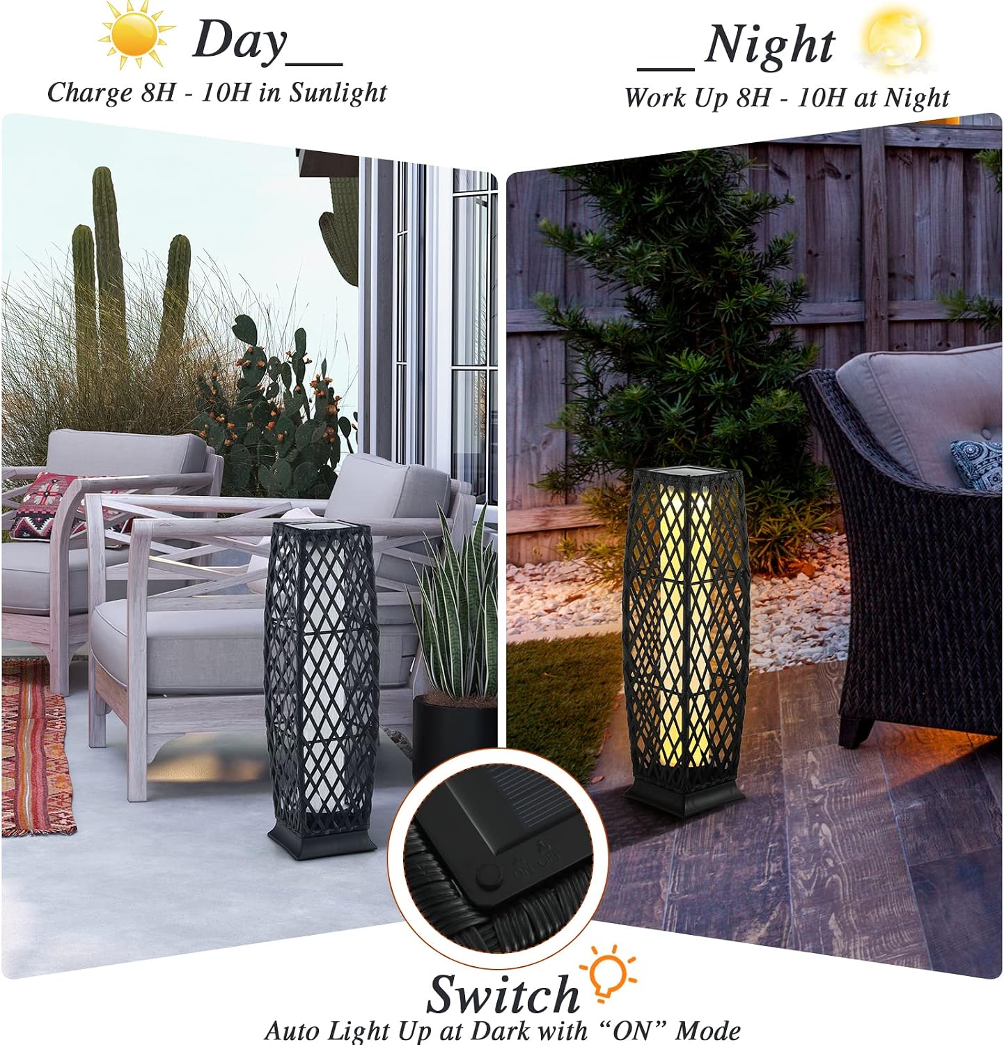 Tangkula 2 Pieces Outdoor Solar Powered Floor Lamps, IP65 Waterproof Wicker Floor Lamps with Auto On/Off LED Light, Outdoor Decor Lanterns for Garden Porch Pool Pathway Driveway (Diamond-Black)