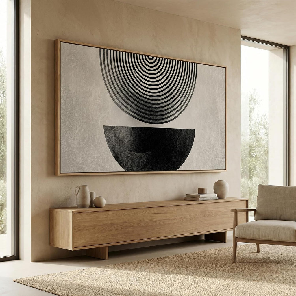Abstract Geometric Wall Art, Black and White Concentric Circles Design, Modern Minimalist Neutral Framed Canvas Print Artwork Home Decor for Bedroom Living room 30 x 58 inch