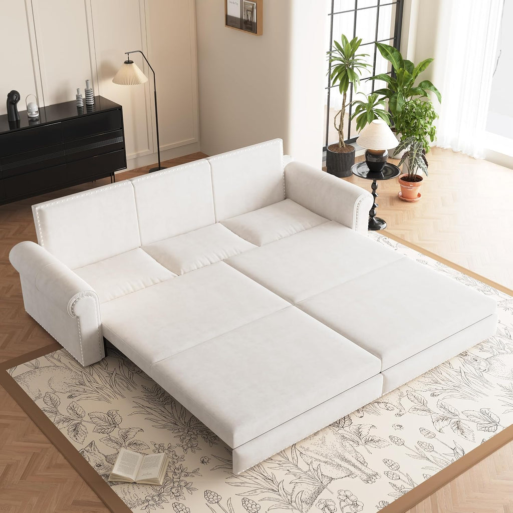 93.7' Pull Out Sofa Bed King Size with Pillows,3-in-1 Convertible Sleeper Couch with Nails Trim,Velvet Upholstered 3 Seater Sofabed for Living Room,Beige