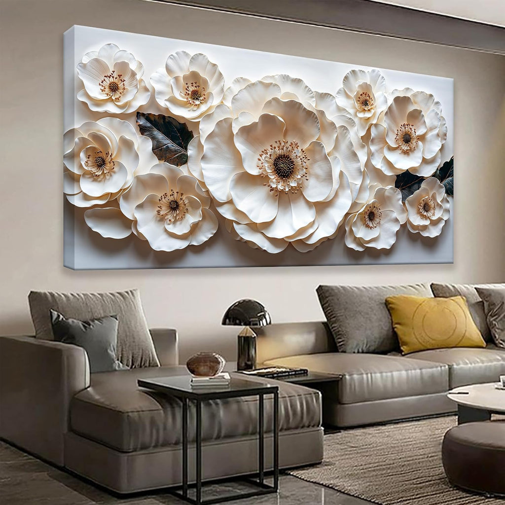 Large Wall Art For Living Room Floral White Wall Art Modern Canvas Art Wall Decor 29' X 58' Painting White Flower Wall Art Print Picture For Bedroom Home Office Decoration
