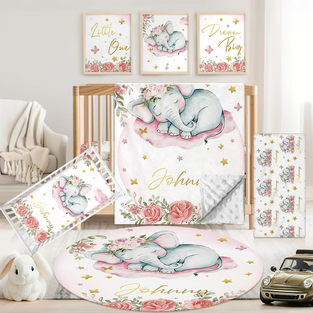 Personalized Baby Crib Bedding Set, 5 Pcs Custom Name Nursery Bedding Set for Girls Boys, Pink Elephant Baby Crib Set for Toddlers Infants, Double Layer Bedding Crib Sets Customized Gifts