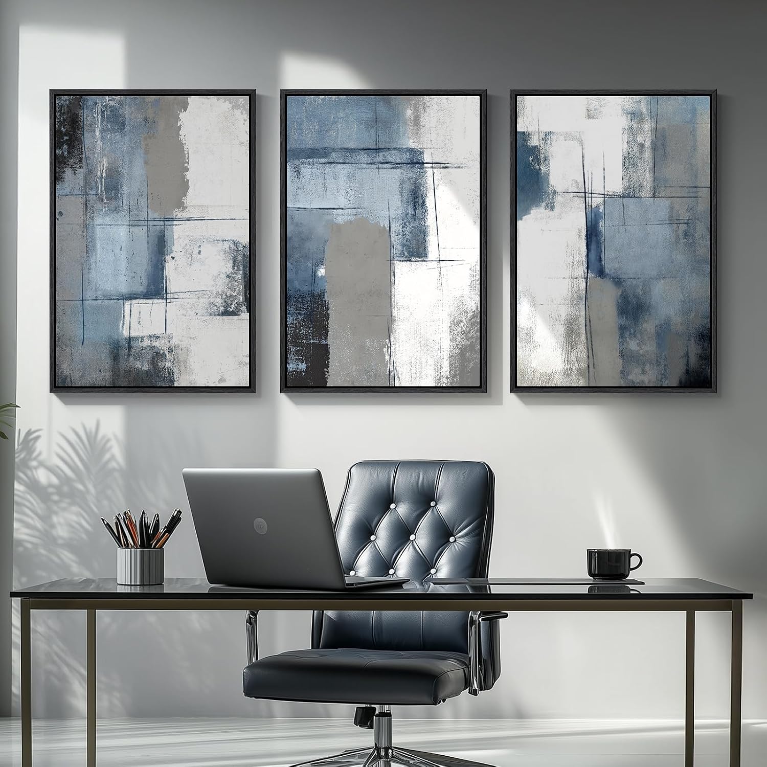 Large Framed Blue and Grey Abstract Wall Art for Living Room, 3 Piece Modern Canvas Prints Paintings Artwork for Walls, Minimalist Abstract Pictures Wall Decor for Hallway Office Bedroom 24x36 In