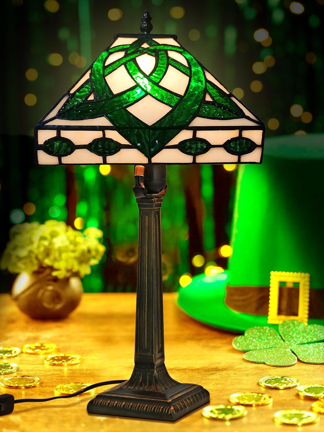 KY&BOSAM Tiffany Table Lamps Irish Celtic 17500 Lumens UL Tiffany Style lamp Light Stained Glass Desk Lamp Shade E26 Bulb Holder Metal Base 8.5*8.5*18 Memory Bedroom Home Office St Patrick's Day Decor