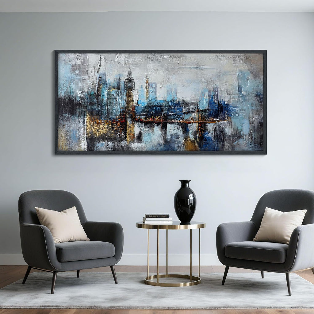Large Wall Art for Bedroom Abstract City View Canvas Art Gray Blue Buildings Prints for Bedroom Wall Art Office Artwork Wall Decor for Living Room Decor 29x58 inches Black Framed