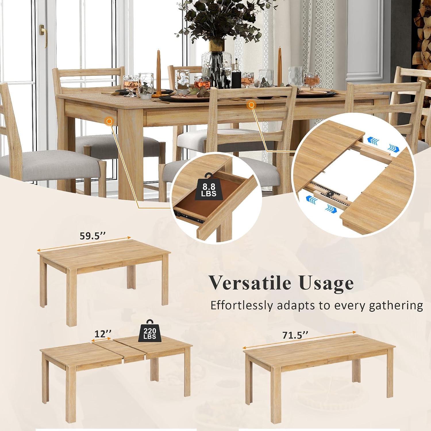Farmhouse 7-Piece Kitchen Dining Table Set, Solid Wood Rectangle Extendable Table with 12' Leaf and 2 Drawers, 6 Dining Chairs with Soft Cushion, Dining Table Set for 6 Persons (Natural Wash+)