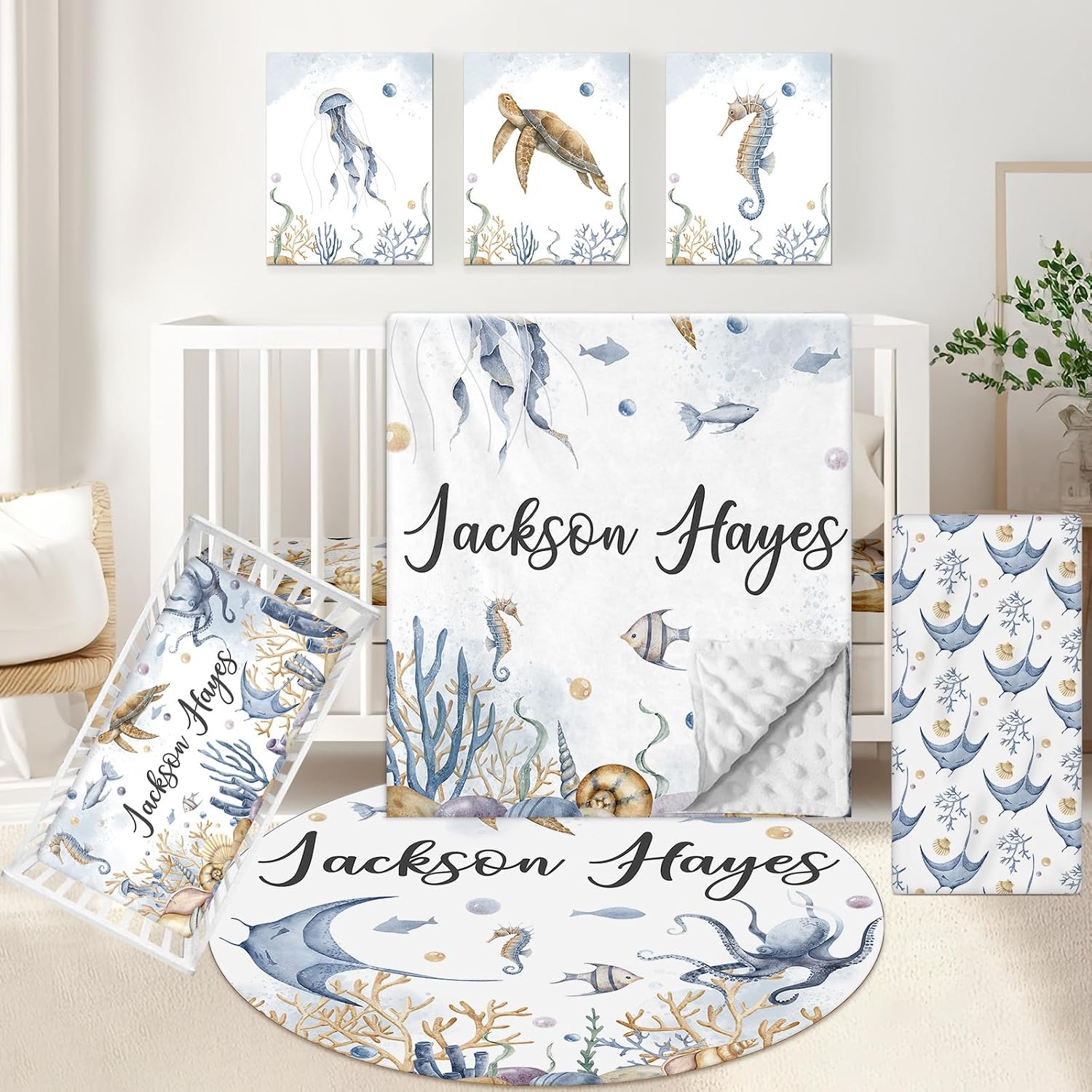 KAINSY Custom Crib Bedding Set 5 Pcs for Girls Boys – Personalized Underwater World Theme, Newborn Sleep Set, Nursery Decor, Toddler Room Essentials, Infant Sleep, Baby Room Accessories, Baby Gift