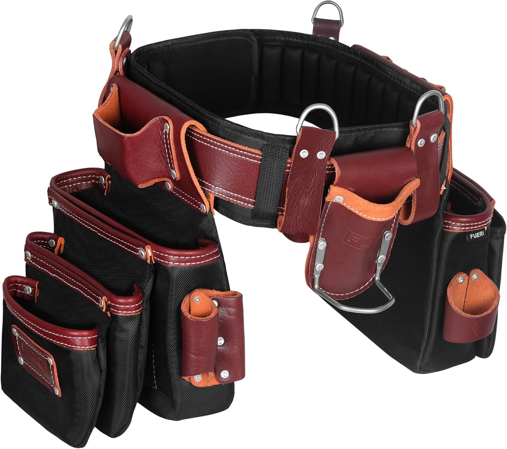 FUERI Electrician's Heavy Duty 26 Pocket Leather-Nylon Tool Belt & Suspender Combo, Comfort Back Support Padded Belt, 2 Large Storage Capacity Pouches, Best for Framers, Carpenter, Roofing