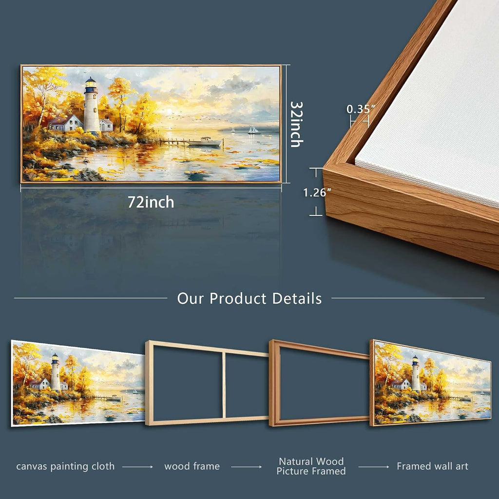 XIGUANGART Extra Large Wall Art for Living Room Modern Framed Coastal Beachy Canvas Wall Art Big Floral Sunrise Yellow Wall Picture Lighthouse Nature Sunset Artwork for Office Bedroom Decor 32x72 In