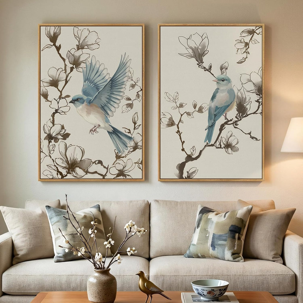 Framed Vintage Botanical Bird Wall Art, 2 Piece Neutral Minimalist Floral Canvas Painting Prints, Nature Beige Chinoiserie Asian Flower Artwork for Living Room Bedroom Kitchen Dining Room Wall Decor