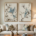 Framed Vintage Botanical Bird Wall Art, 2 Piece Neutral Minimalist Floral Canvas Painting Prints, Nature Beige Chinoiserie Asian Flower Artwork for Living Room Bedroom Kitchen Dining Room Wall Decor
