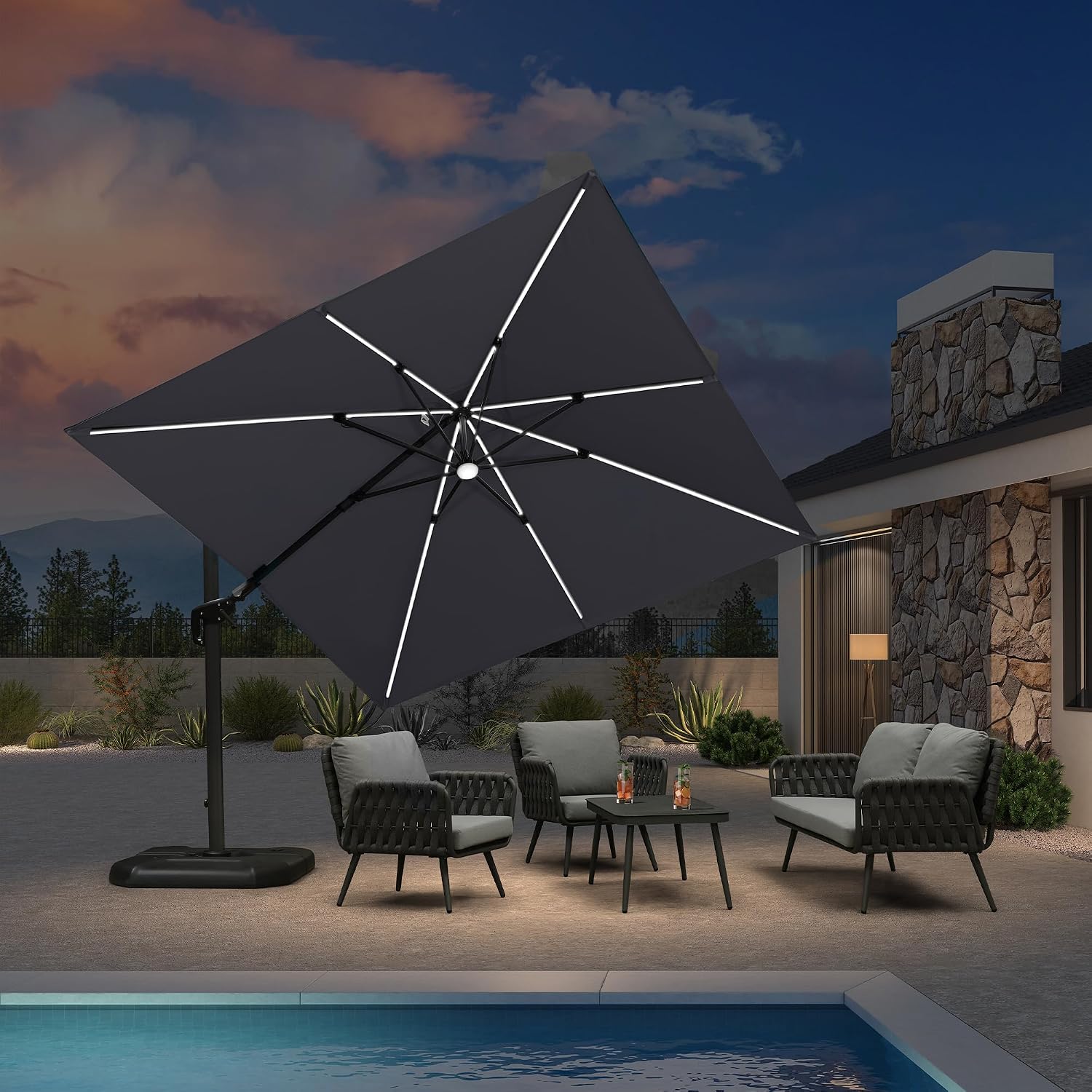 PURPLE LEAF 10 Feet Patio Umbrella Outdoor Cantilever Solar Powered LED Swivel Square Umbrella Aluminum Offset Umbrella with 360-degree Rotation for Garden Deck Pool Patio Light Grey