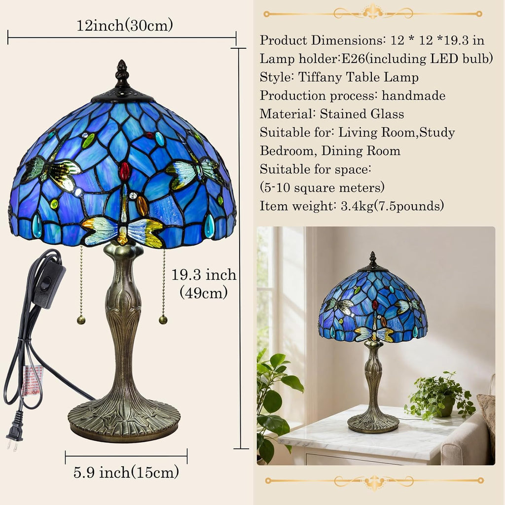 Tiffany Table Lamp, 3 Color-Temperature Dragonfly Stained Glass Lamp,12 Inch Tiffany Style Lamp for Bedroom Living Room Home, Handcrafted Light, Included Bulb (Blue)