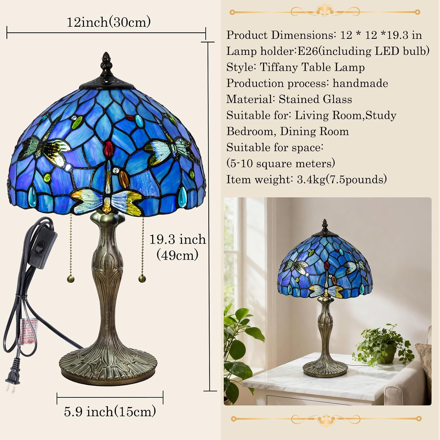 Tiffany Table Lamp, 3 Color-Temperature Dragonfly Stained Glass Lamp,12 Inch Tiffany Style Lamp for Bedroom Living Room Home, Handcrafted Light, Included Bulb (Blue)