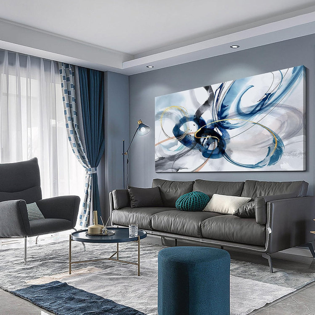 yiijeah Modern Large Abstract Wall Art - Bright and Bold Line Design - Blue and White Canvas Picture Artwork Wall art for living room and office Oversized Abstract wall Decor