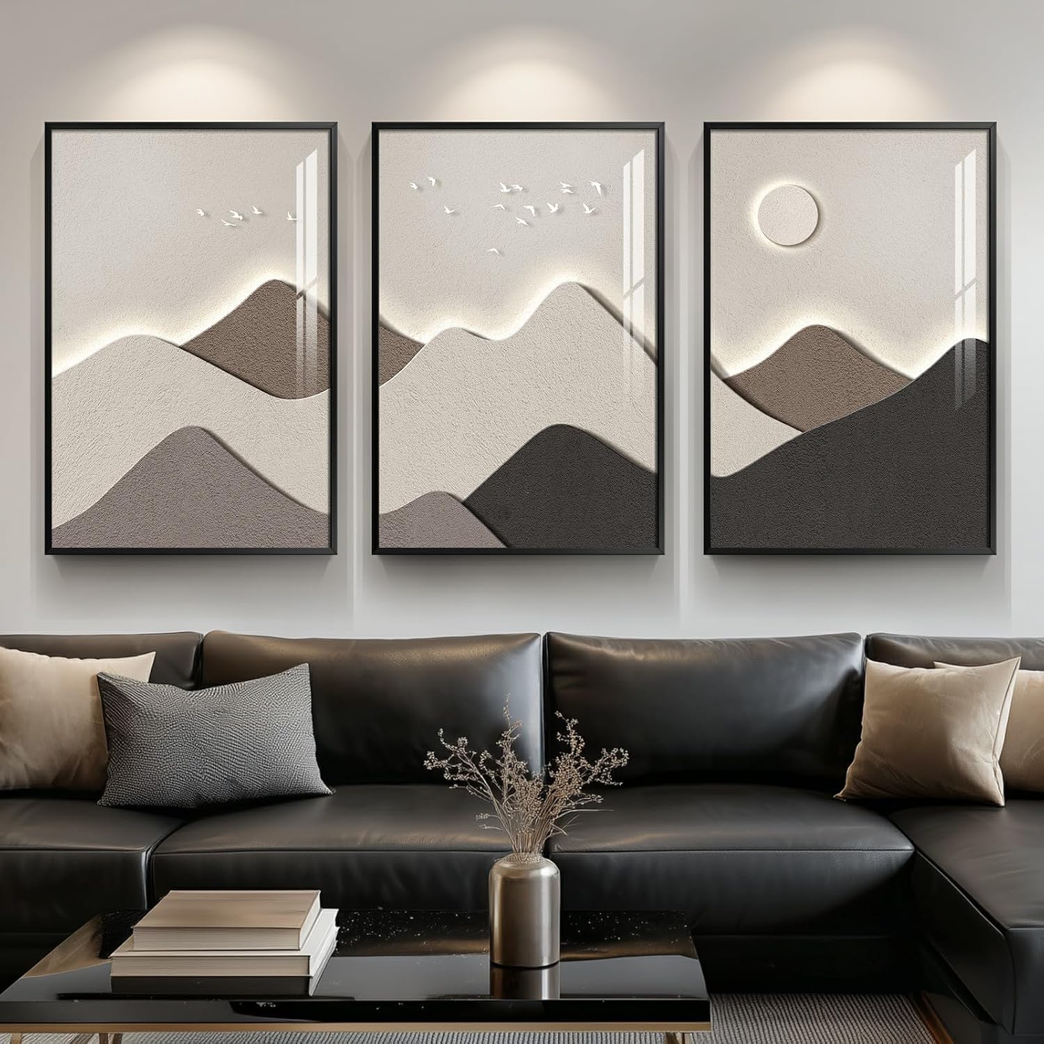 Framed Neutral Abstract Wall Art for Living Room, Large 3 Piece Modern Mountain Bright Style Painting Prints, Brown Minimalist Landscape Artworks for Dining Room Office Wall Decor, 24x36 In