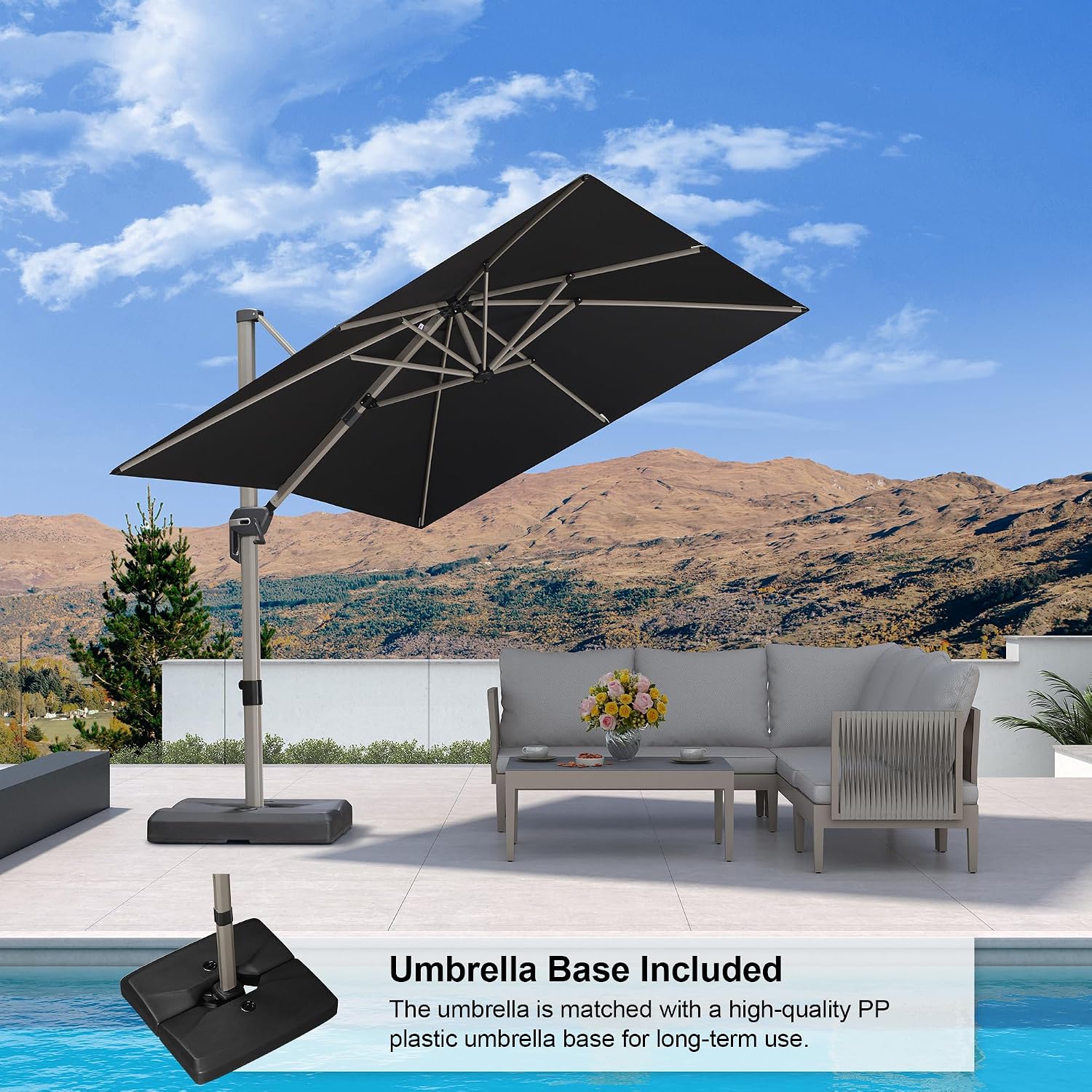 PURPLE LEAF Patio Umbrella with Base Included, 8ft Outdoor Aluminum Cantilever Umbrella with 360° Rotation, Champagne Offset Umbrella for Outdoor Garden Pool, Black