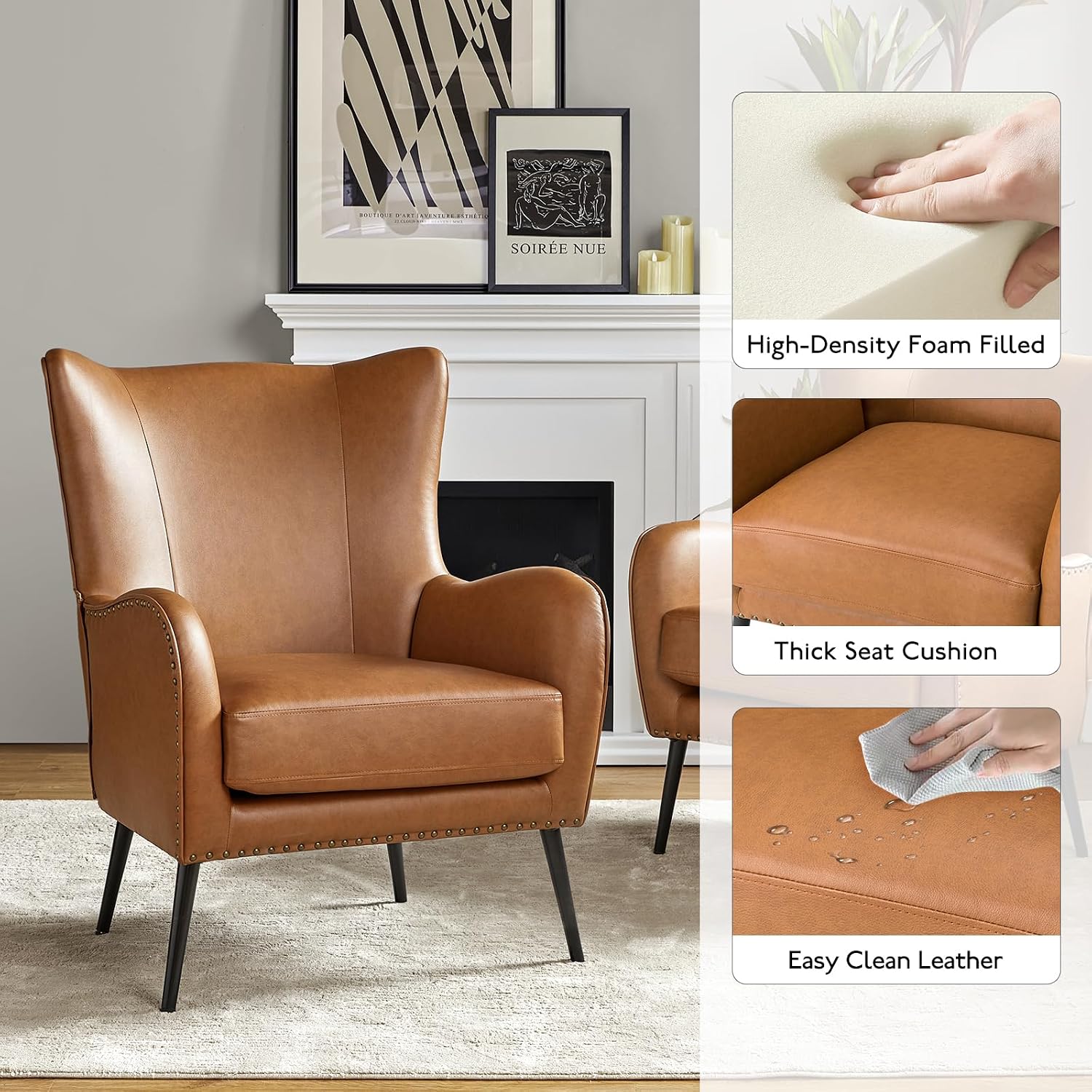 HULALA HOME Faux Leather Accent Chair Set of 2 with Removable Cushion, Comfy Upholstered Armchair with Metal Legs & Nailhead Trim Wingback Vanity Chair for Reading Living Room Bedroom, Camel
