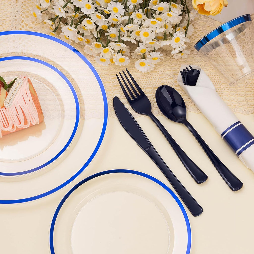 700PCS Clear Blue Disposable Plastic Dinnerware Set for 100 Guests, 200 Plastic Plates, 100 Cups, 100 Pre-Rolled Napkins with Cutlery for Party, Birthday, Christmas, Wedding, Thanksgiving, Halloween