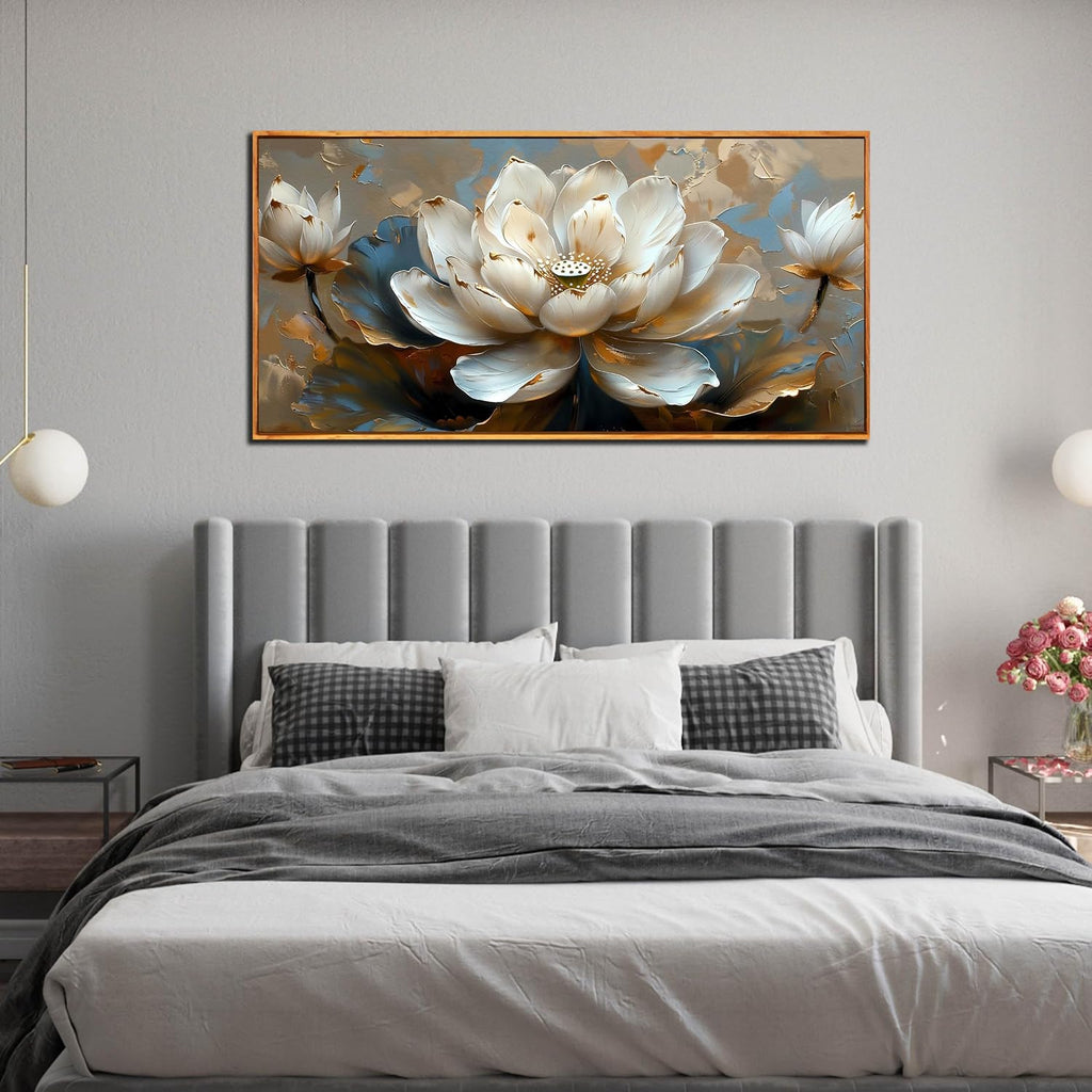White Lotus Painting Wall Art for Living Room - Gold Flower Wall Decor for Office - Framed Wall Art for Bedroom Size 29' x 59'