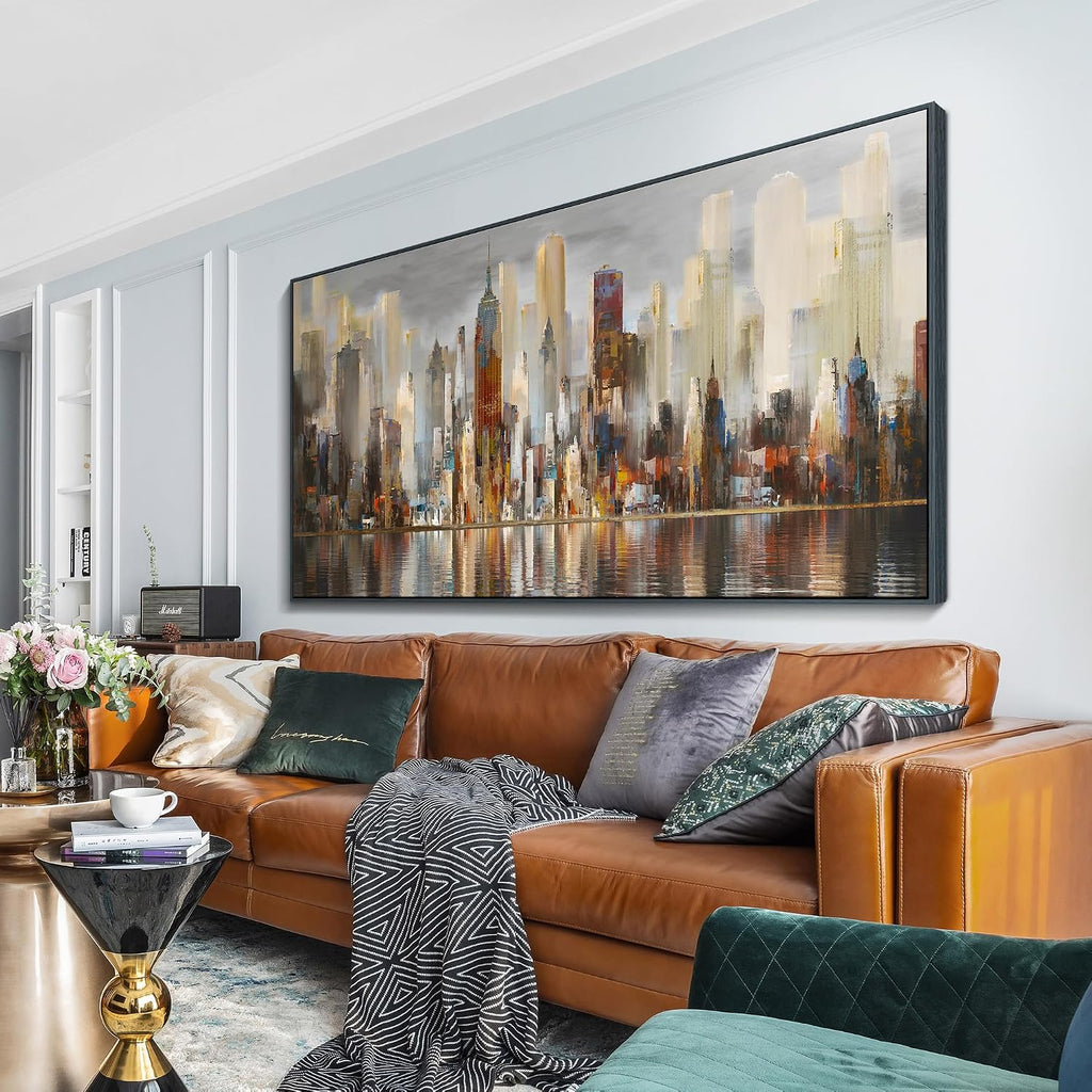 Mofutinpo Large Black Framed Cityscape New York abstract wall art Brown City Theme Paintings Modern Canvas office wall decor living room modern artwork Size 30x60