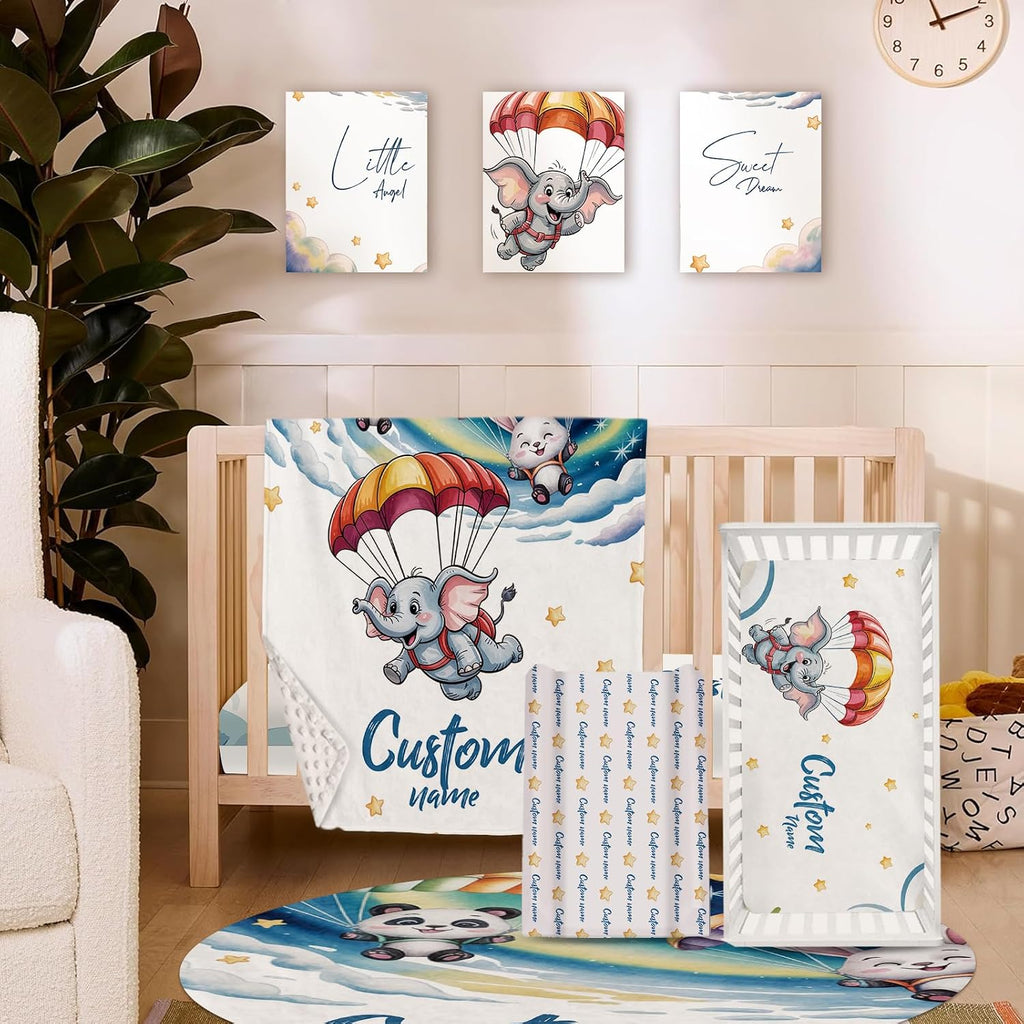 Personalized Crib Bedding Set for Boys, Custom Name Baby Crib Sets 5-Pcs Include Toddler Double Layer Blanket Fitted Sheet Changing Pad Cover Rug Wall Art Set, Elephant Skydiving Pattern Nursery Décor