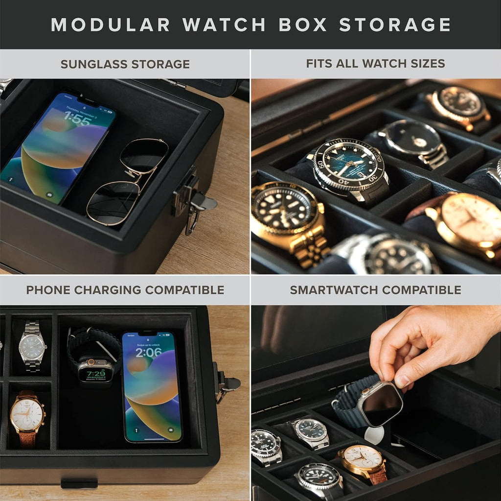 CASE ELEGANCE Black Edition Military 10 Slot Watch Box Case Organizer for Men, Real Glass Top, Modular Valet Tray, Apple Watch Compatible with Apple Watch Stand, Accessory Drawer, Watch Pillow Stands