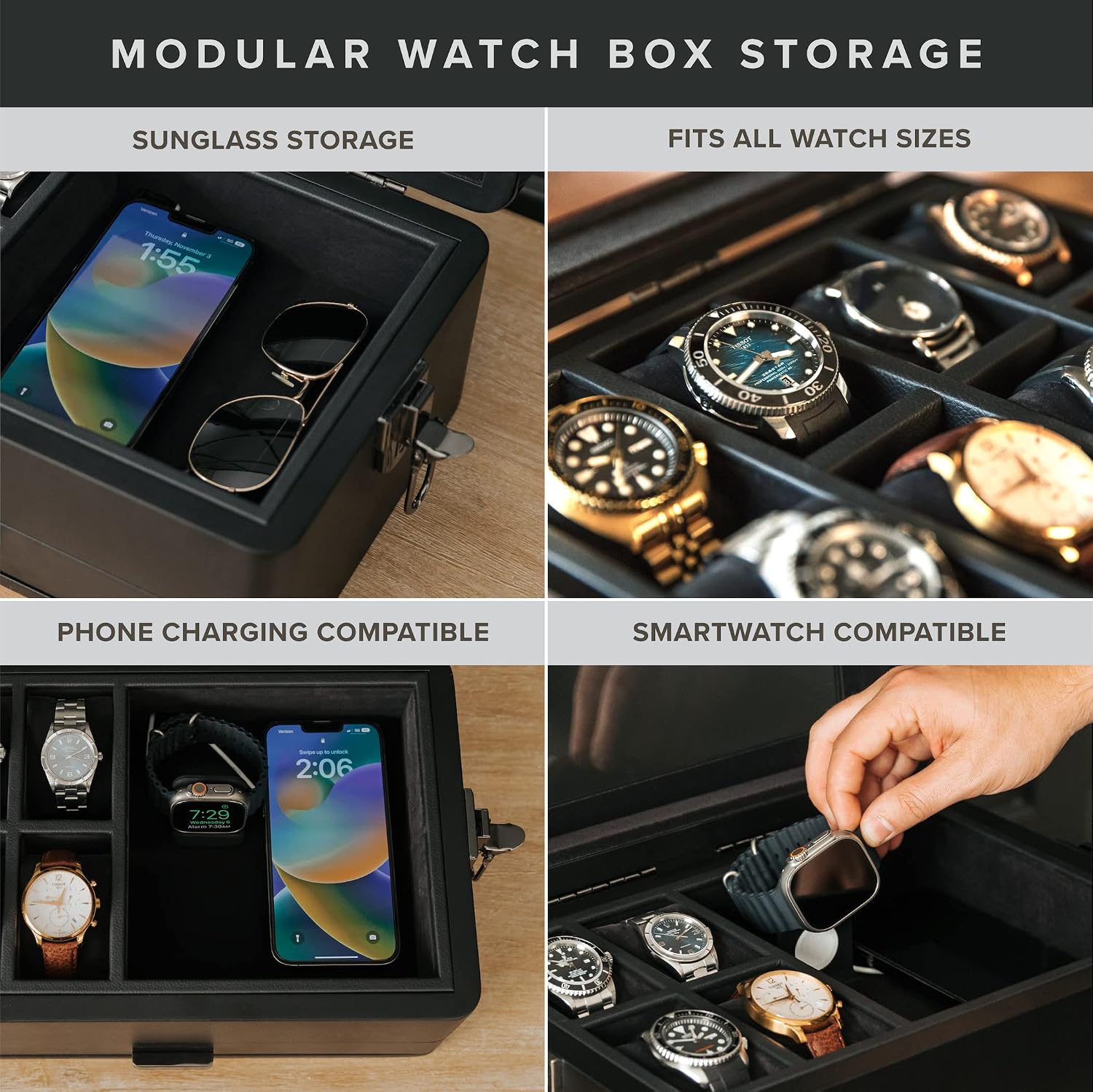 CASE ELEGANCE Black Edition Military 10 Slot Watch Box Case Organizer for Men, Real Glass Top, Modular Valet Tray, Apple Watch Compatible with Apple Watch Stand, Accessory Drawer, Watch Pillow Stands