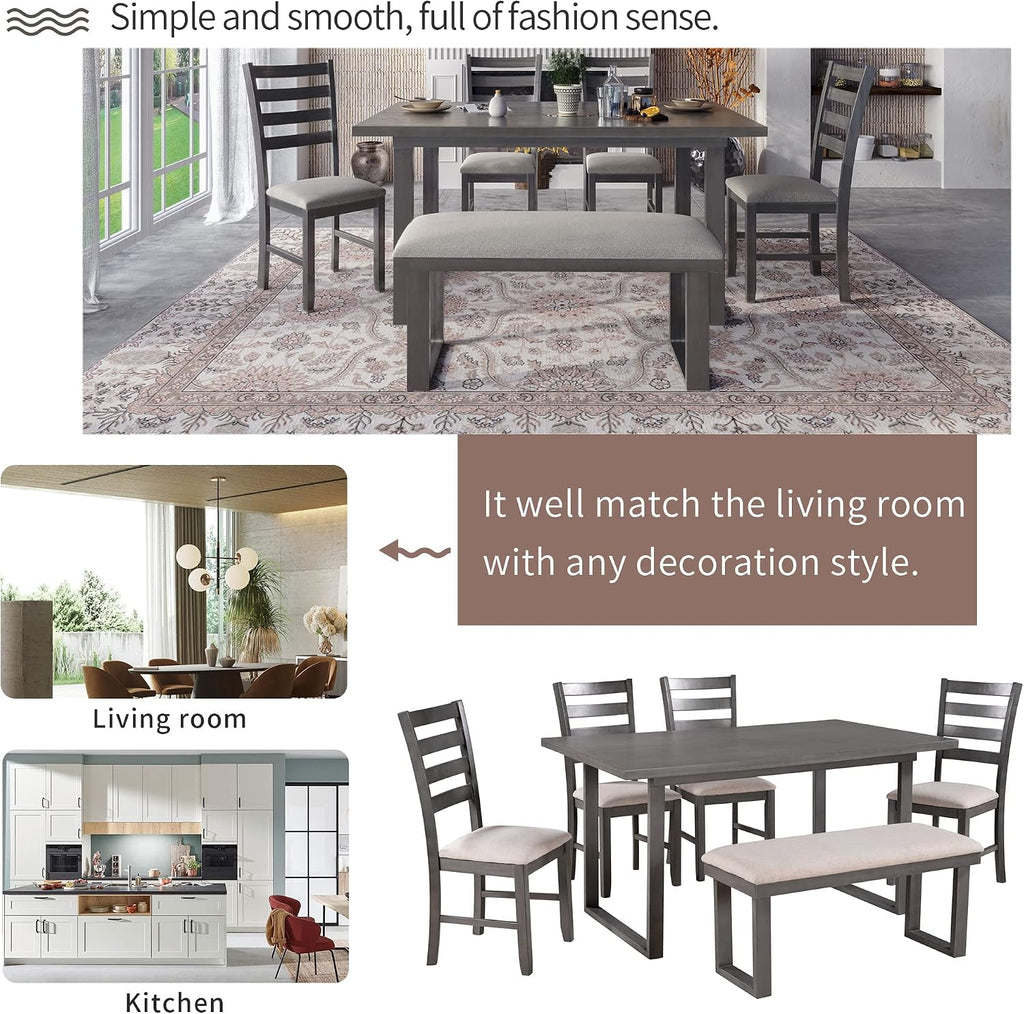 6 Piece Kitchen Dining Table Set with Rectangular Table and Comfortable Cushioned Seat, Farmhouse Rustic Wood Dining Room Set for 4-6 Persons, Dining Set for Family (Gray-1)