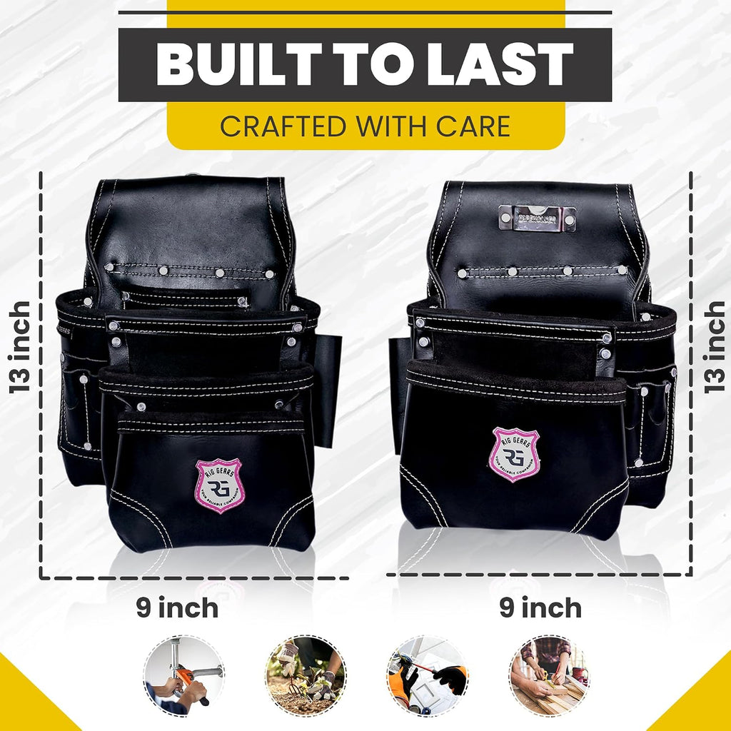 Professional 11 Pockets Leather Tool Pouch Bags/Carpenter Tool Belt Set | Heavy-duty Drywall Pouch, Electrician Pouch, And Framing Tool Belt Pouches (Black, Standard)