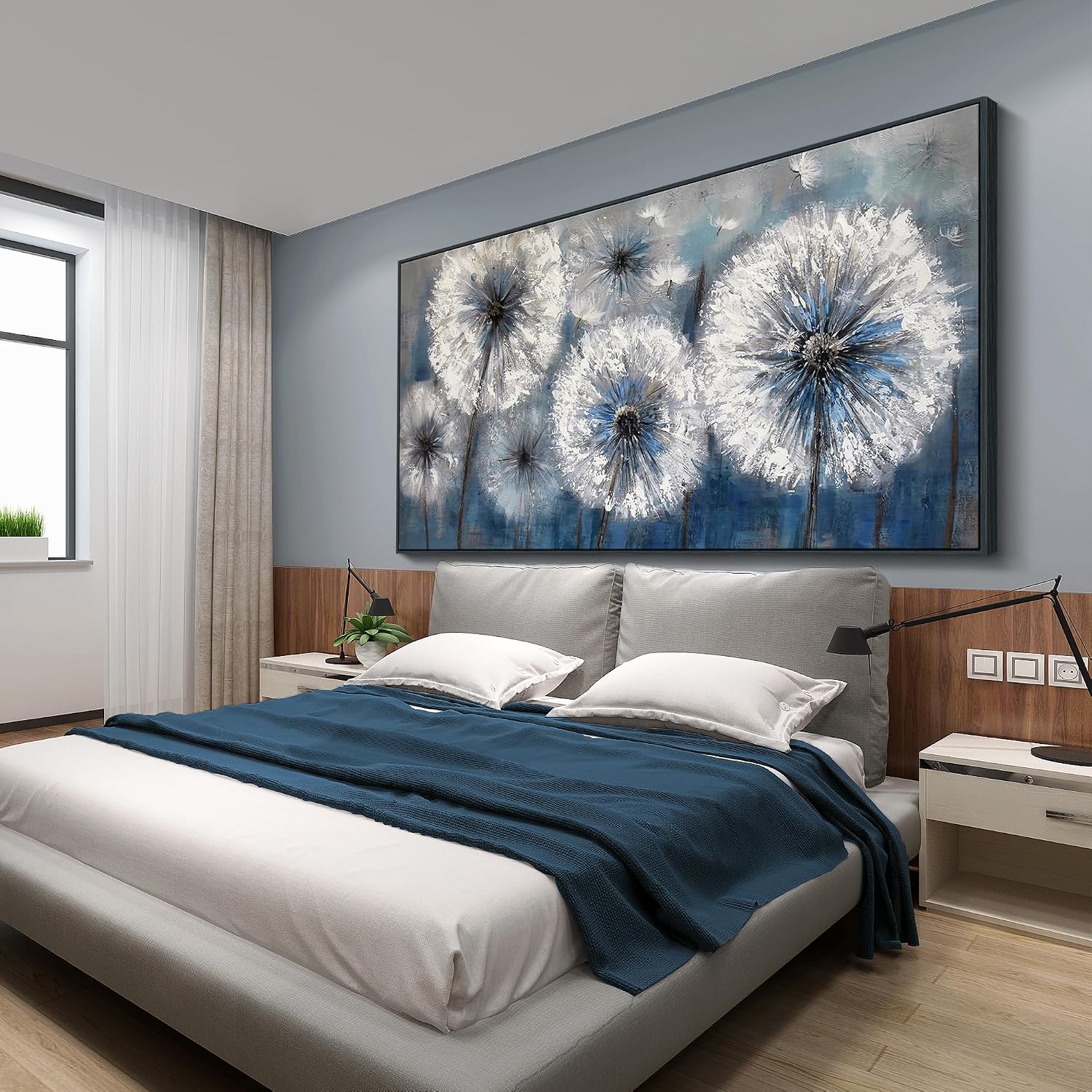 Framed Blue Dandelion Wall Art Decor Canvas Print Picture for Living Room White Flower Flora Plant Home Bedroom Painting Decoration Modern Framed Artwork size 24x48