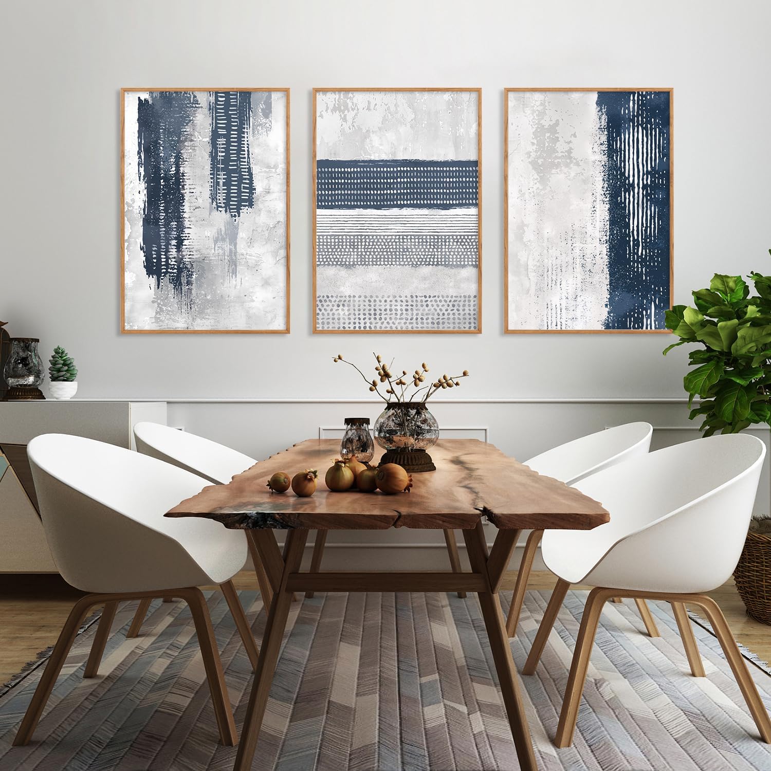 HLNIUC Navy Blue Abstract Framed Wall Art Set, Neutral Minimalist Canvas Wall Decor, Mid Century Modern Wall Painting, Grey Geometric Art Print for Living Room, Bedroom, Office - 24'x36'x3