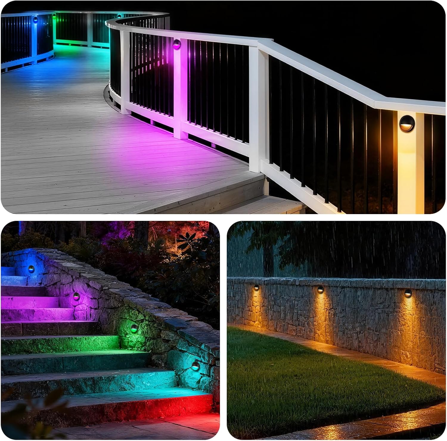 Outdoor RGB Fence Lights Wired, 3W 12V Wired LED RGB Color Changing Low Voltage Fence Lights for Outdoor Deck Post Stair Step Railing, IP65 Waterproof, ETL, Black, 12PK