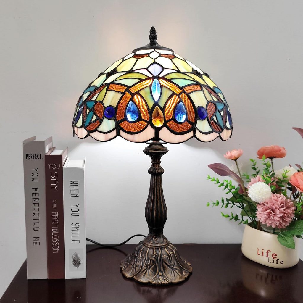 Tiffany Table Lamp Victorian Style Stained Glass Desk Light 12 Inch Tiffany Style Bedside Lamp with LED Bulb for Bedroom Living Room Office Decor