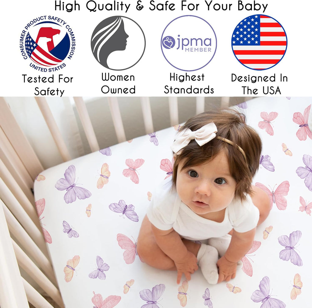 Sweet Jojo Designs 5-Piece Baby Crib Bedding Set (Pink/Purple Shabby Chic Butterfly) for Girls, Infants/Nursery incl. BreathableBaby Mesh Liner, Blanket, Fitted Sheet, Skirt, Diaper Stacker (Colorful)
