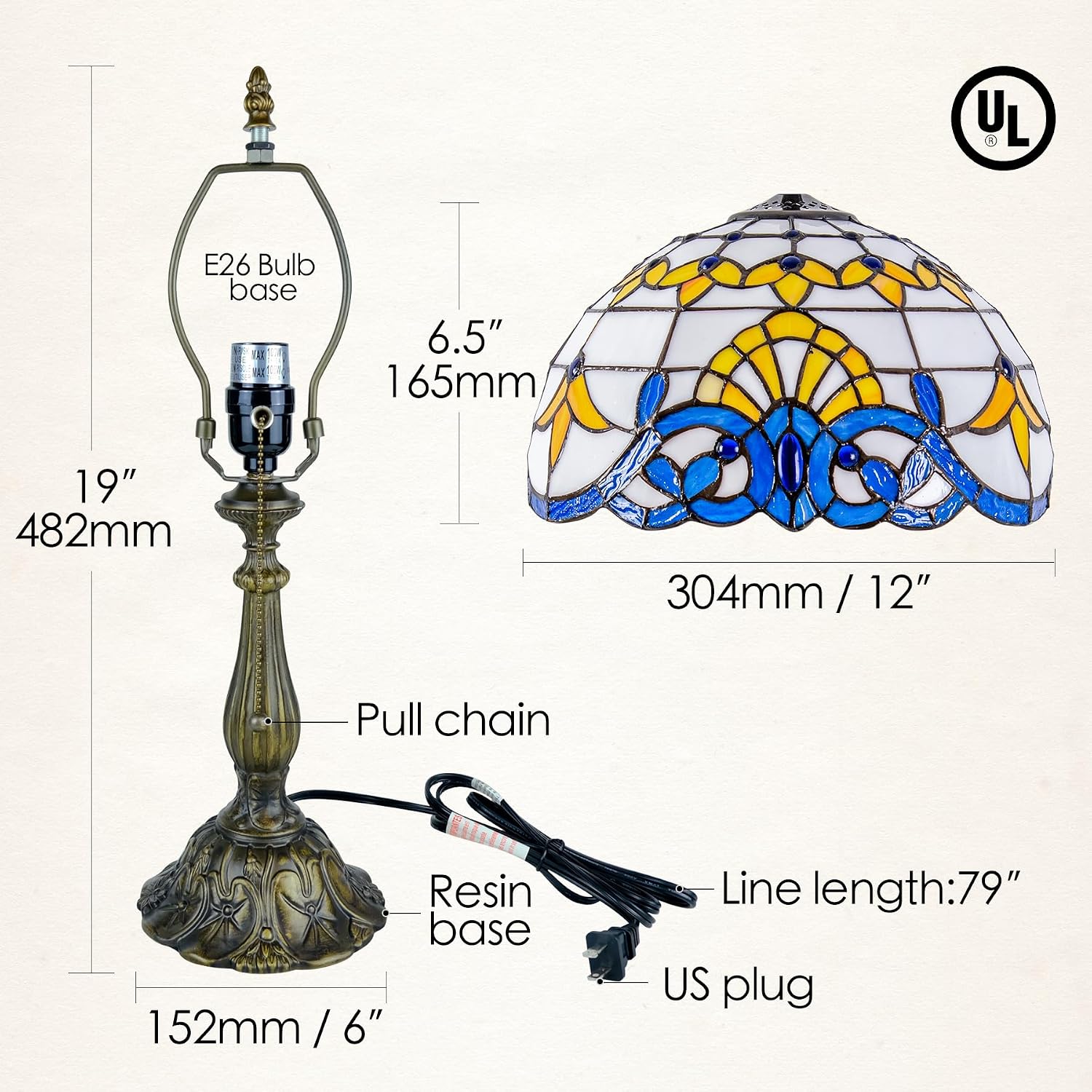 Tiffany Style Table Lamp Vintage Stained Glass Desk Lamp Blue Baroque Bedside Reading Light Decor Bedroom Living Room Home Office D12 xH18