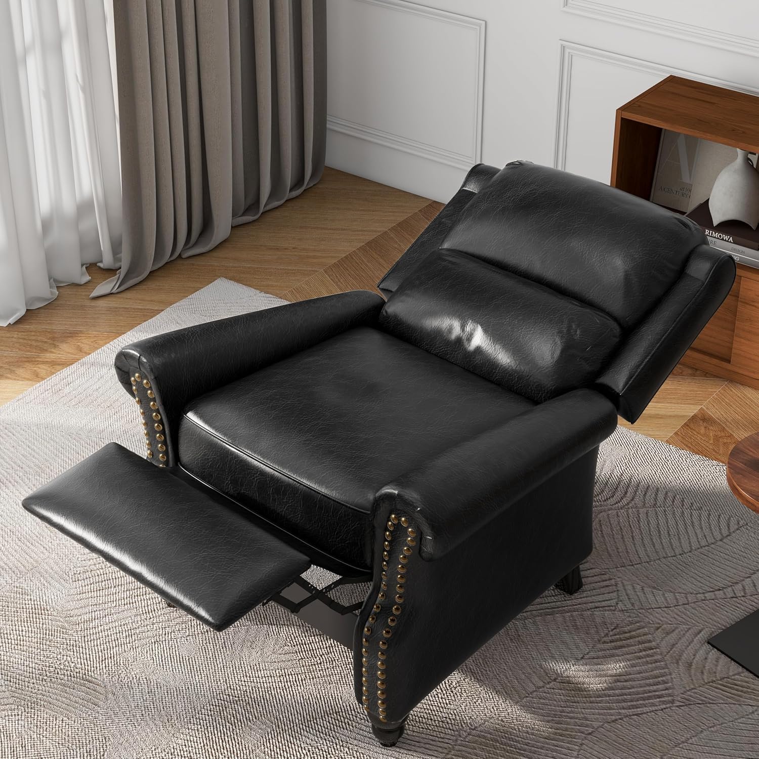 Pushback Recliner Chair, PU Leather Armchair Push Back Accent Chair for Living Room, Rivet Trim Club Chair Home Theater Overstuffed Single Sofa Bedroom Reading Seat - Black