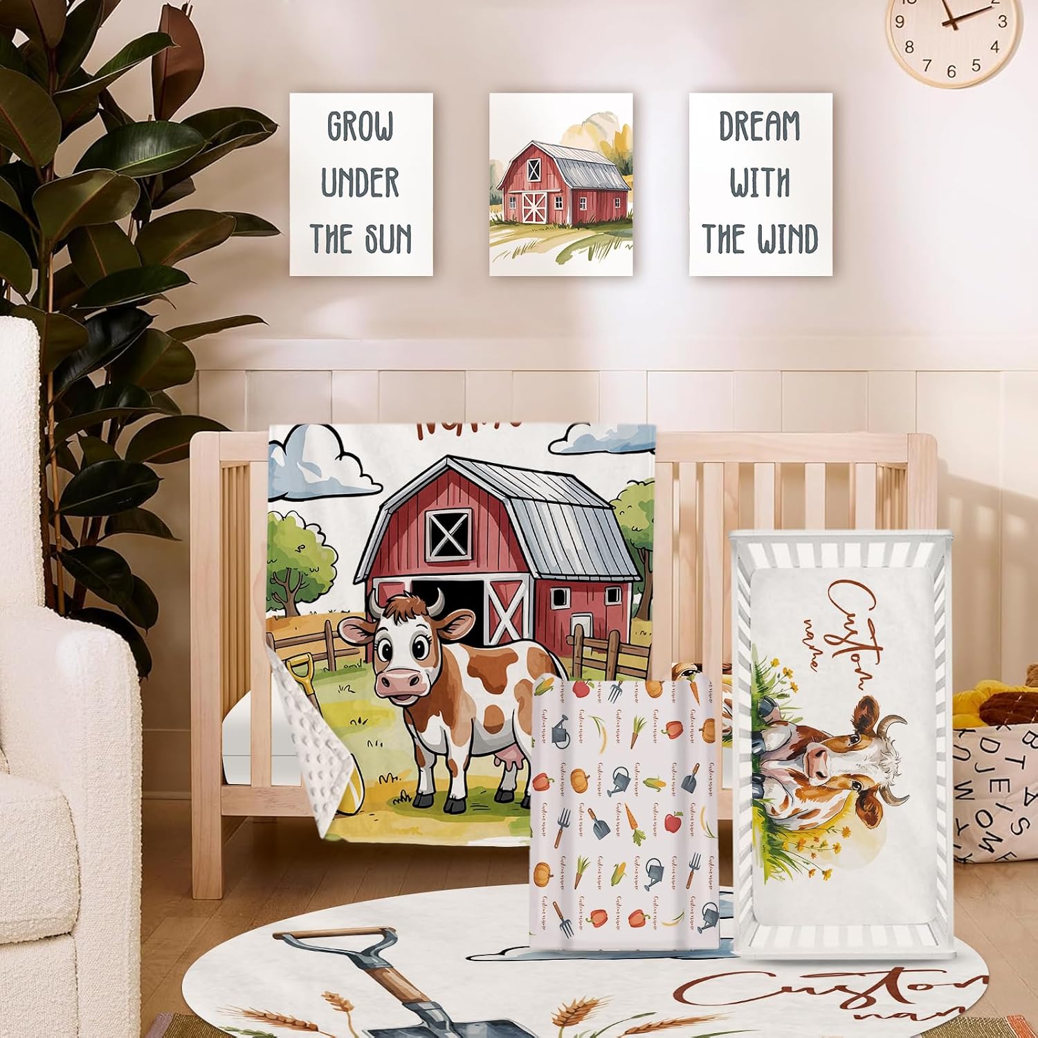 Personalized Crib Bedding Set for Baby Boys Girls, Farm Cabin Pattern Custom Name Baby Crib Sets 5-Pcs, Double Layer Baby Blanket Fitted Sheet Changing Pad Cover Rug Wall Art Set