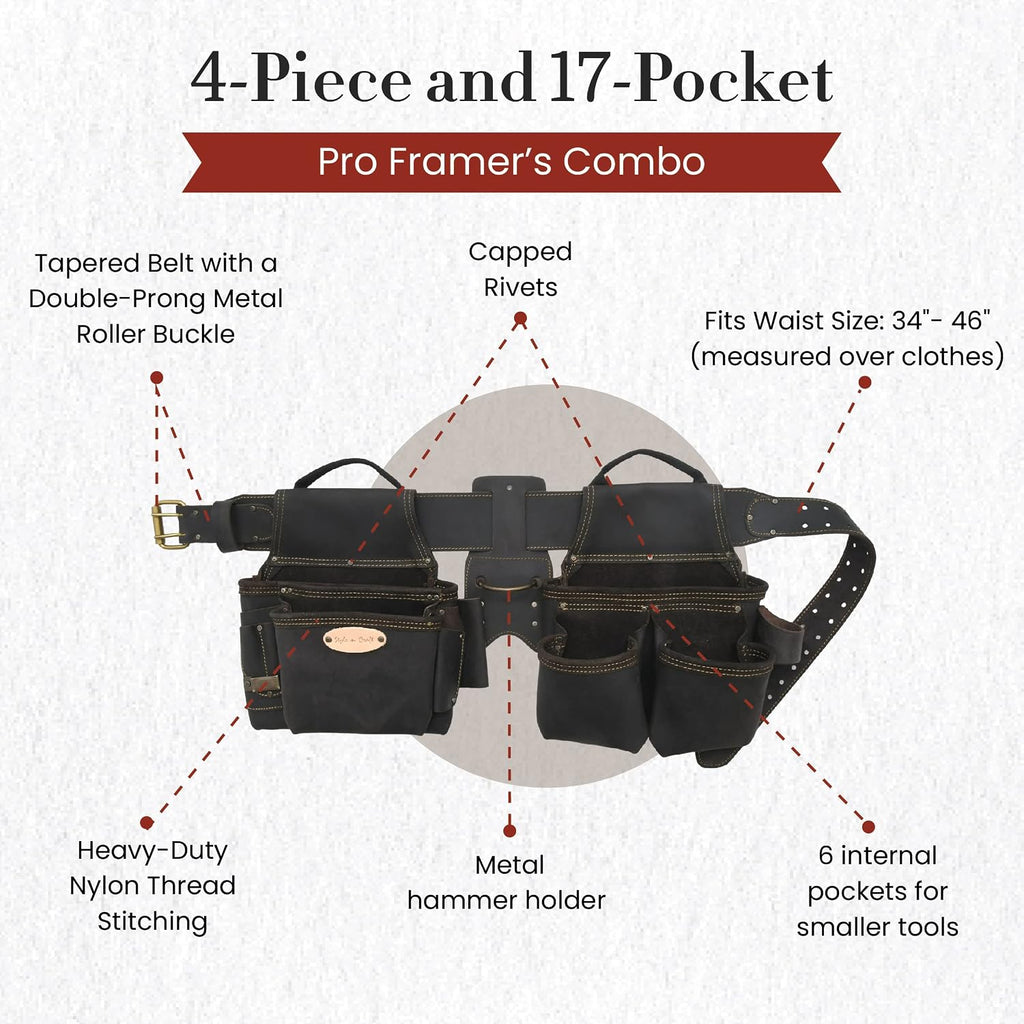 Style n Craft 4-Piece and 17-Pocket Pro Framer's Combo, Tool Belt with 2 Tool Pouches and 1 Hammer Holder, Full-Grain Oiled Leather Tool Belt, Dark Brown (90429)
