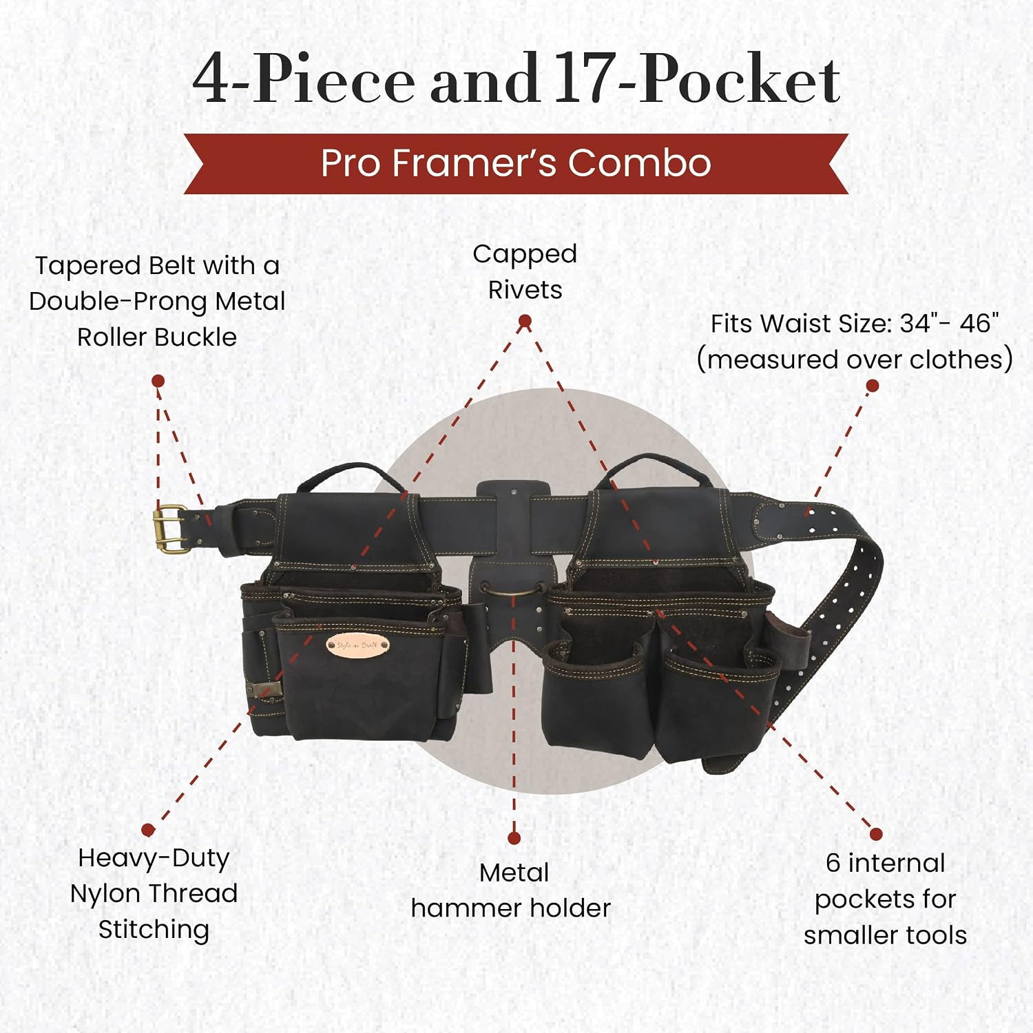 Style n Craft 4-Piece and 17-Pocket Pro Framer's Combo, Tool Belt with 2 Tool Pouches and 1 Hammer Holder, Full-Grain Oiled Leather Tool Belt, Dark Brown (90429)