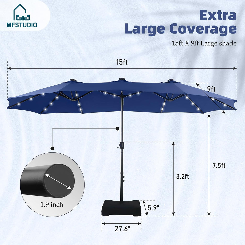 MFSTUDIO 15ft Double Sided Patio Umbrella with Solar Lights, Outdoor Large Umbrellas with Crank Handle and 36 LED Lights, Rectangular Market Umbrella with Base Included for Deck Pool Shade, Haze Blue