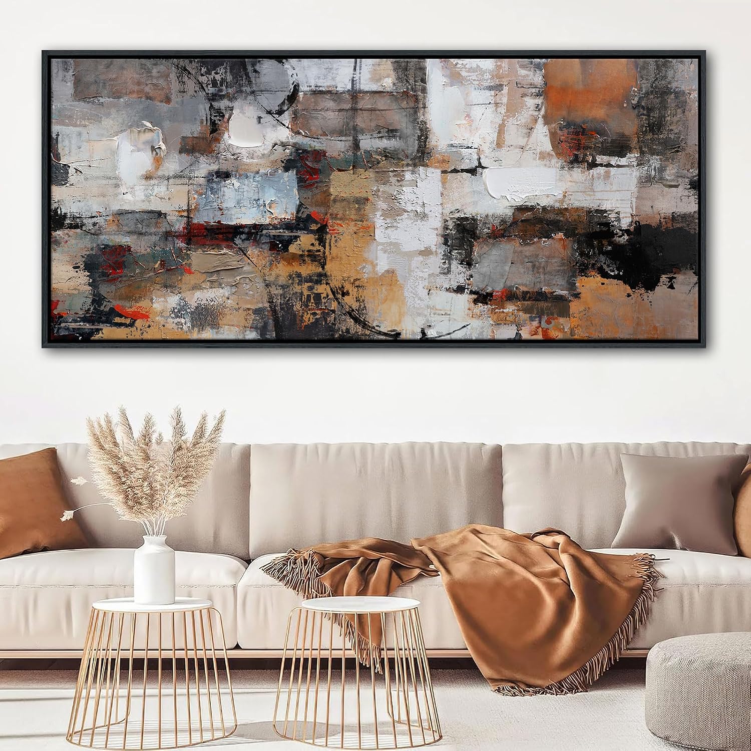Wall Art for Living Room - Abstract Canvas Wall Decor, Modern Minimalist Painting in Black and White - Framed pictures for Bedroom, Office Artwork, Brown Bedroom Wall Decor Above Bed 31×70IN