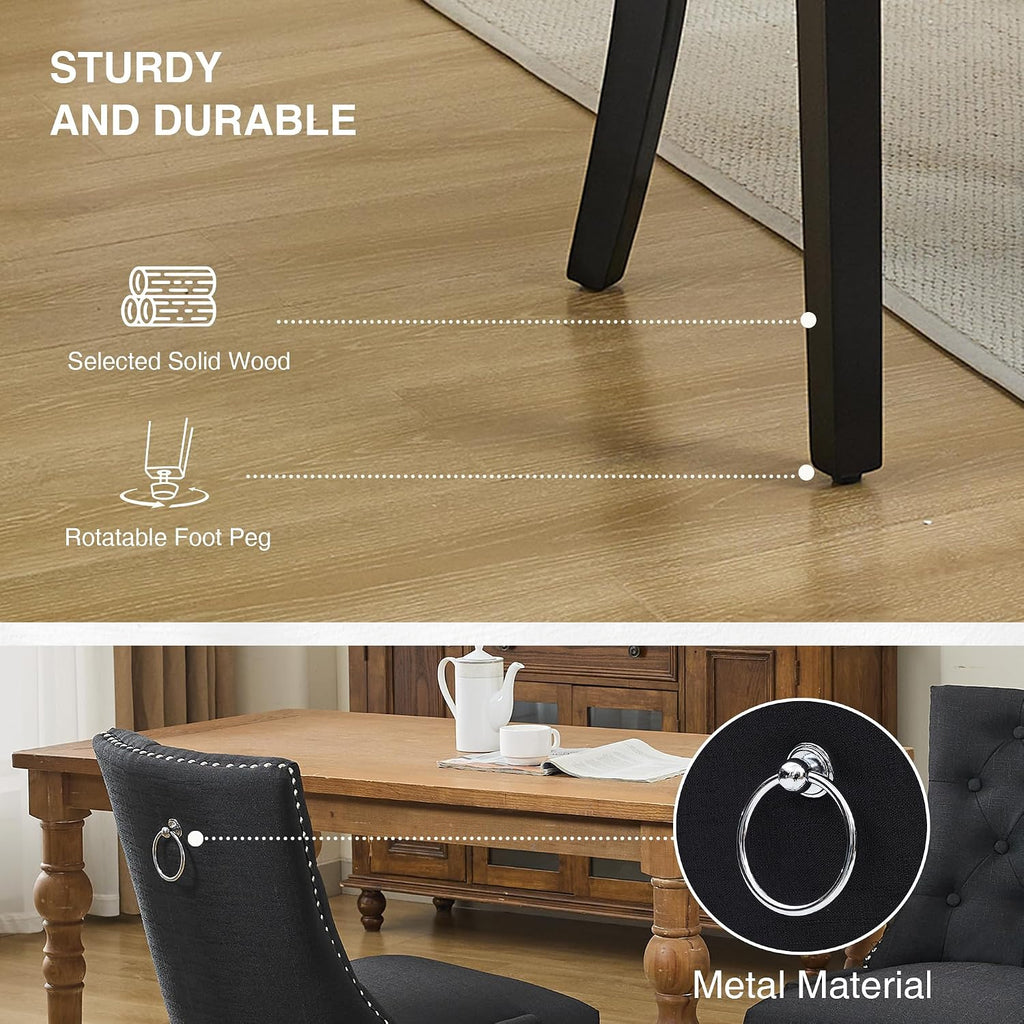 adochr Dining Chairs Set of 4, Modern Mid Century Kitchen Chairs with Wooden Legs & Linen Fabric Back, Dining Room Chairs with Pull Rings & Nailhead Trim, Black