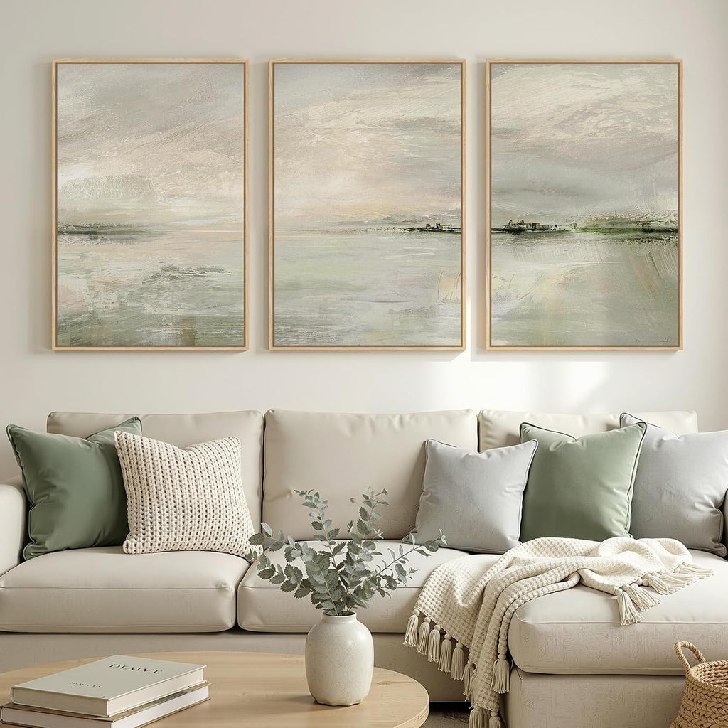 Large Framed Sage Green Abstract Landscape Wall Art for Living Room, 3 Piece Modern Canvas Prints Paintings Artwork for Walls, Oversized Pictures for Hallway Dining Bedroom Office Wall Decor 24x36 In