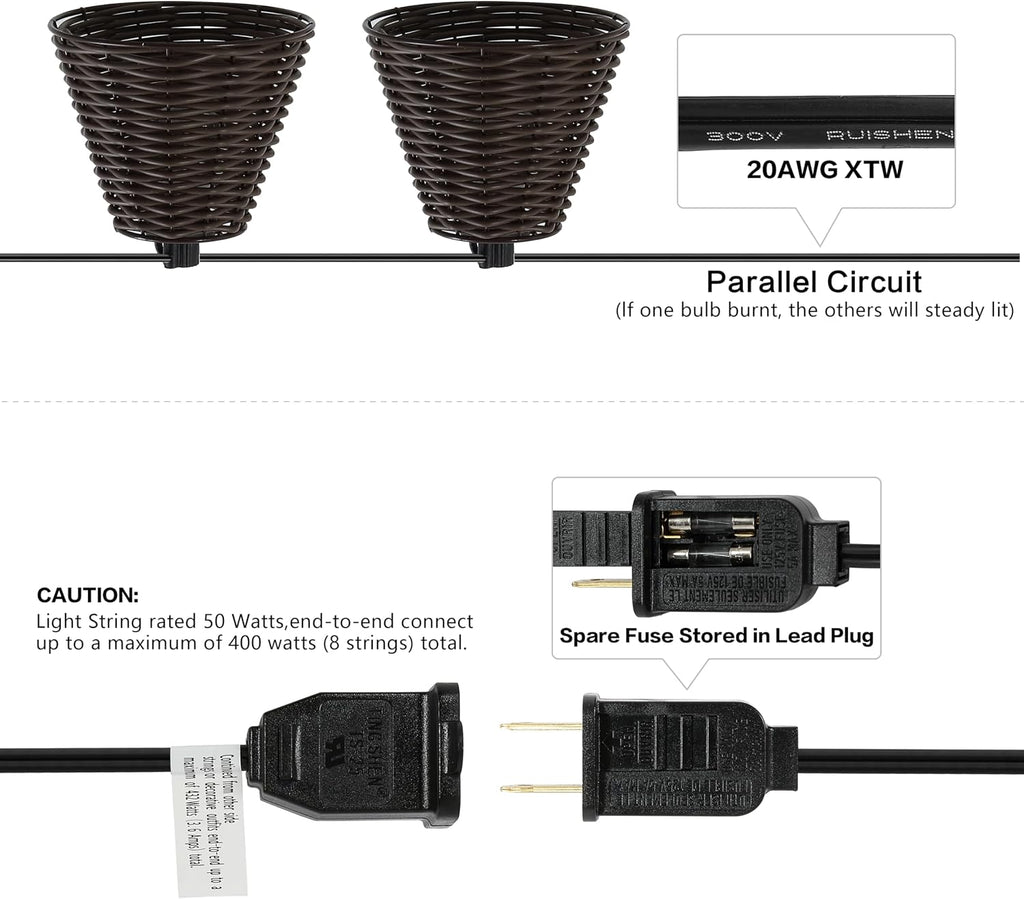 JONATHAN Y 10' Dark Brown 10-Light Indoor/Outdoor LED String Lights for Patio, Classic Cottage Faux-Rattan Shaded Hanging Lights for Balcony, Deck, Coastal Decor (JYL8706C)
