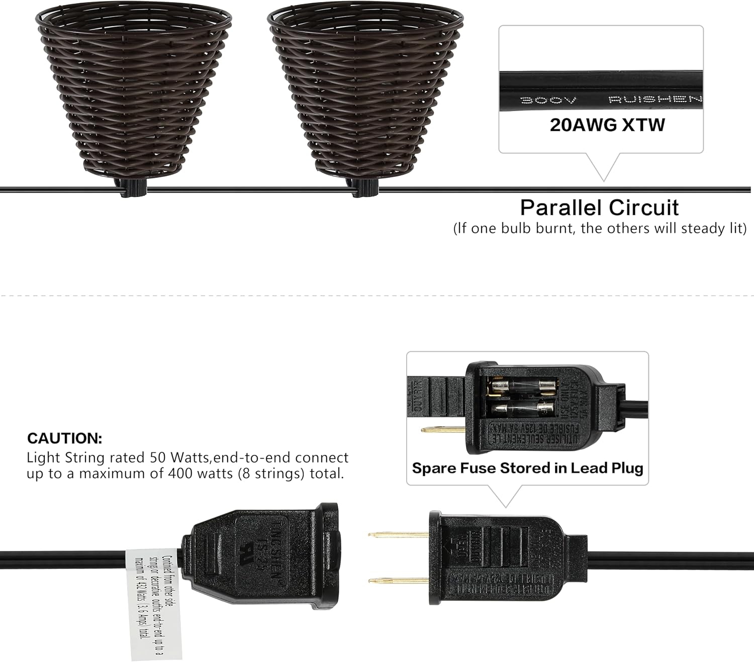 JONATHAN Y 10' Dark Brown 10-Light Indoor/Outdoor LED String Lights for Patio, Classic Cottage Faux-Rattan Shaded Hanging Lights for Balcony, Deck, Coastal Decor (JYL8706C)