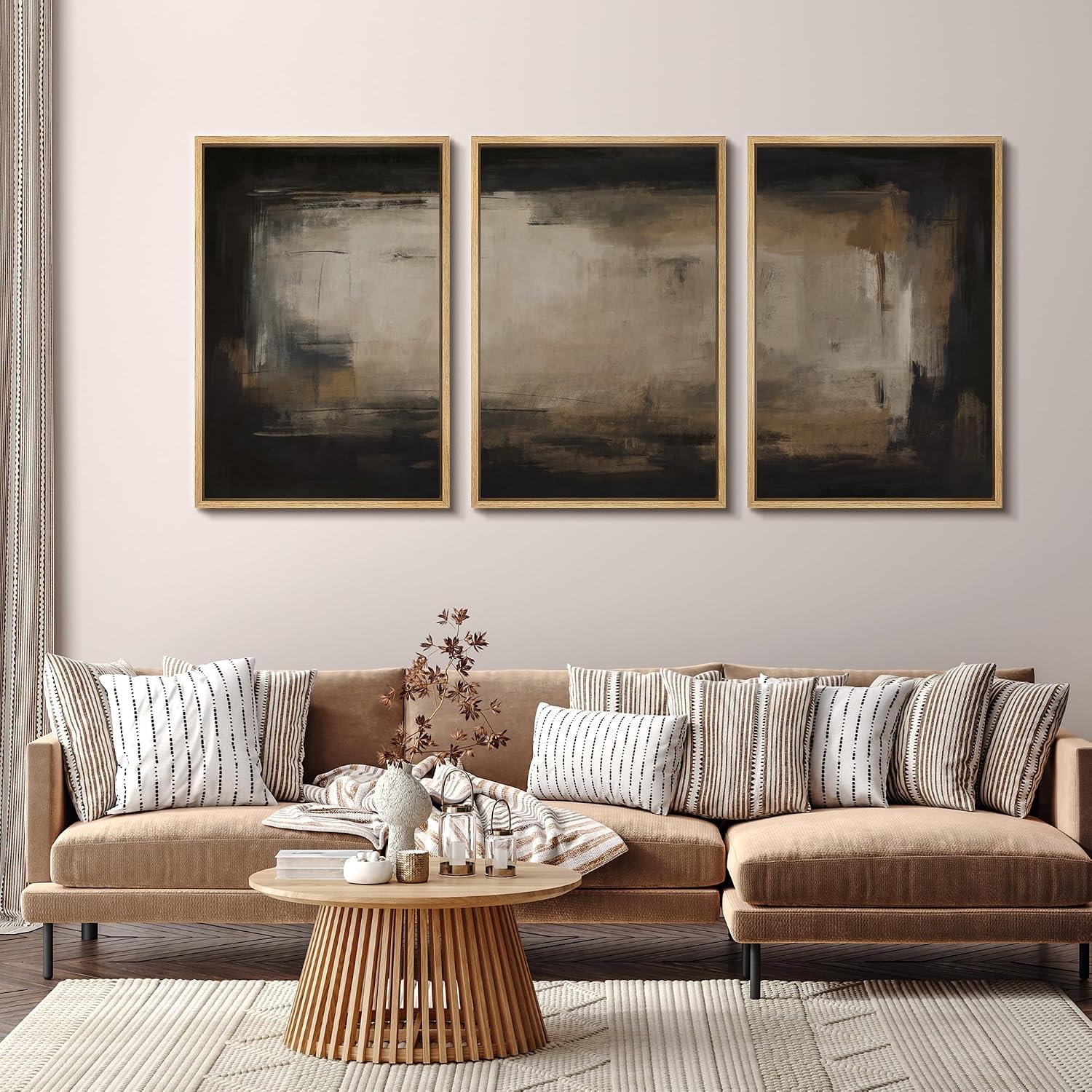 SIGNFORD Framed Canvas Print Wall Art Set Shadow Layers Abstract Dark Brown and Black Illustrations Modern Art Relax/Calm for Living Room, Bedroom, Office - 24'x36'x3 Natural
