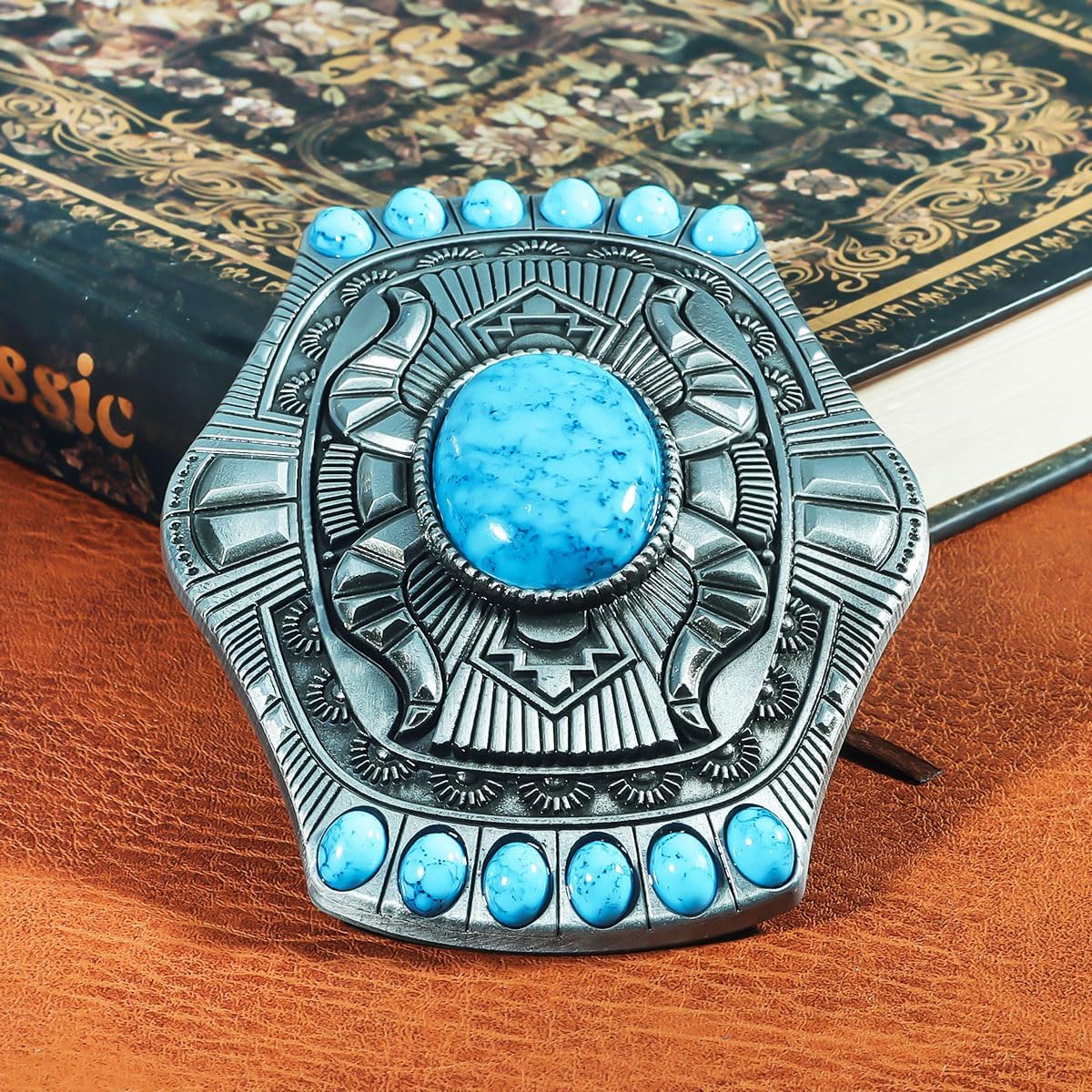 Men's Western Belt Buckle - Vintage Turquoise with Native American & Cowboy Elements