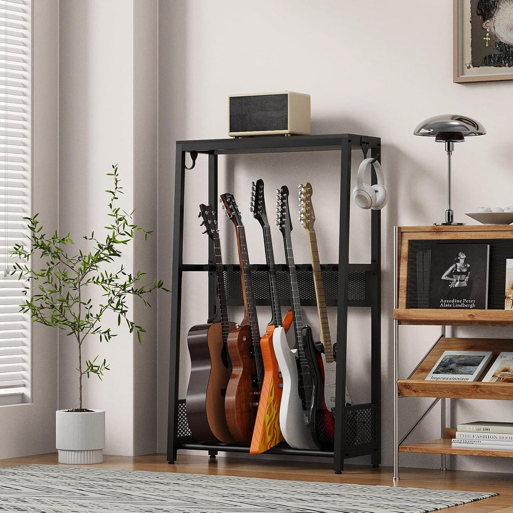 EmberGlow Multi-Guitar Stand with Top Display Shelf - Heavy Duty 28lbs Metal Guitar Rack with Adjustable Spacing & Soft EVA Padding, Premium Instrument Holder for Acoustic, Electric, Bass, Ukulele, Model L (Brown)