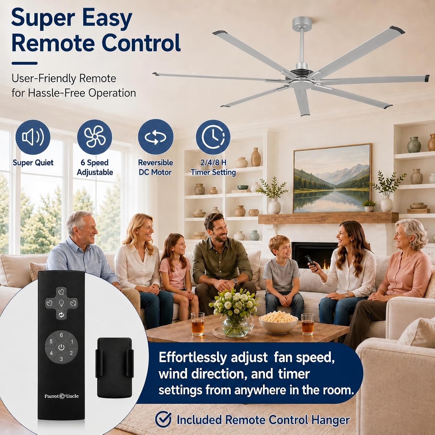 100 Inch Industrial Ceiling Fans with Remote Control Big Ceiling Fans without Lights for Living Room Shop Garage Bedroom, 6-Speed Reversible DC Motor Commercial Fans, Timer, Satin Nickel Finish