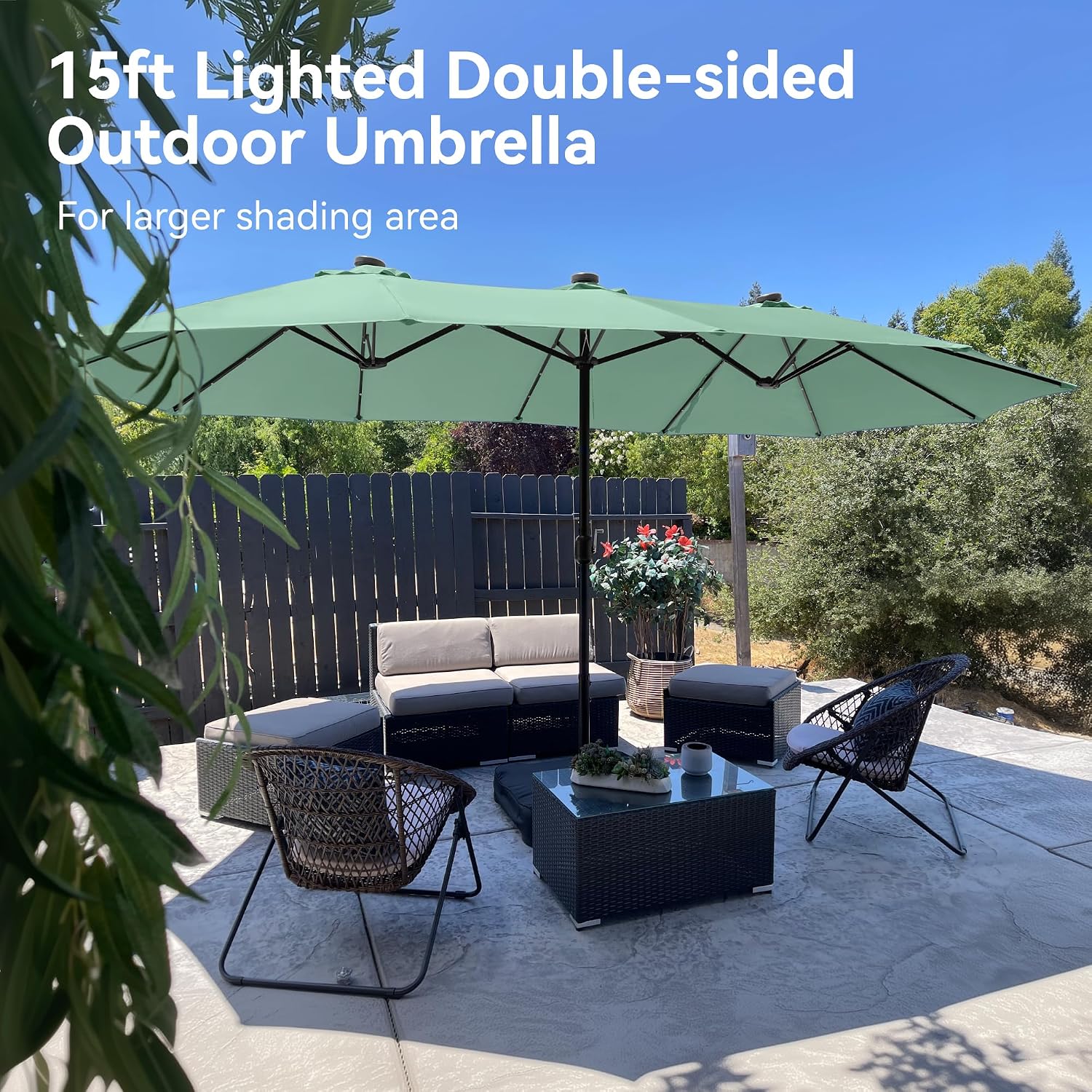 PHI VILLA 15ft Large Patio Umbrella with Solar Lights, Double-Sided Outdoor Market Rectangle Umbrellas with 36 LED Lights, Umbrella Base (Stand) Included, Mint Green